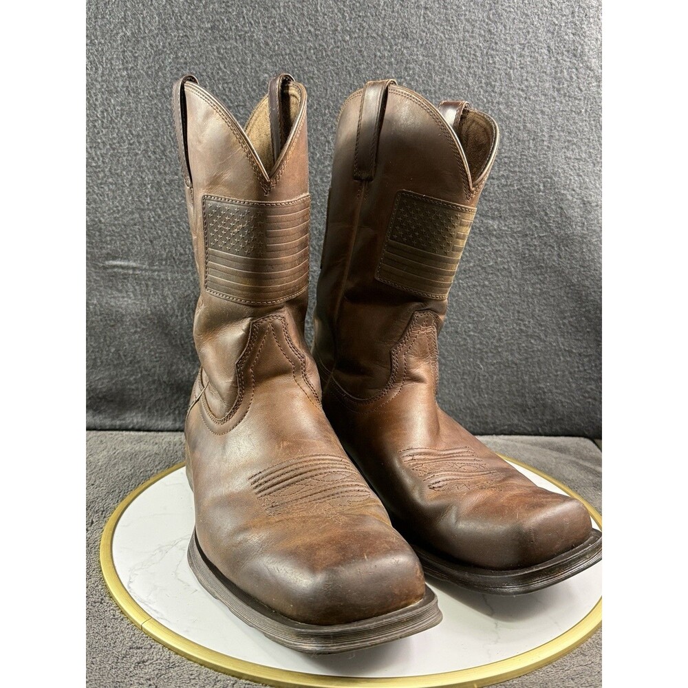 Ariat Mens Rambler Patriot Cowboy Boots 10 EE Wide Square Toe Leather Flag Brown